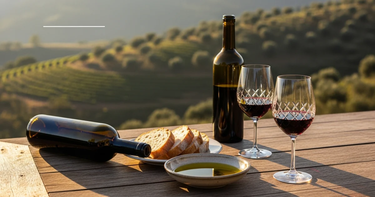 Mesa posta com vinho e azeite premium em um terraço com vista para as colinas e vinhedos da Serra da Mantiqueira ao pôr do sol.