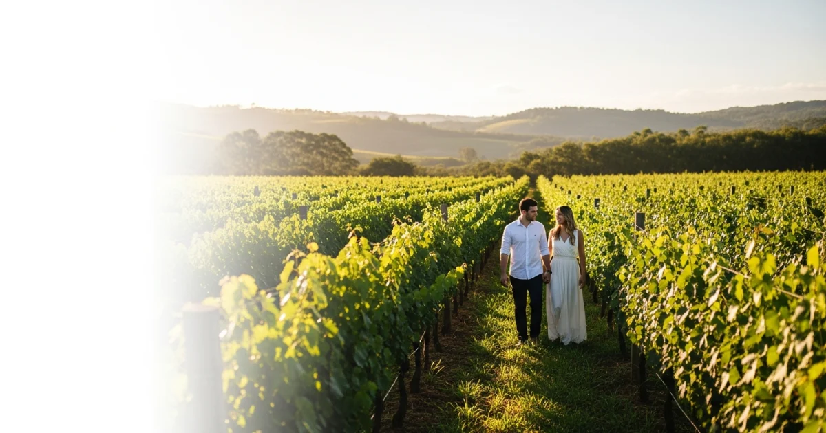 Casal caminhando entre vinhedos na Serra da Mantiqueira durante o pôr do sol, com colinas ao fundo.