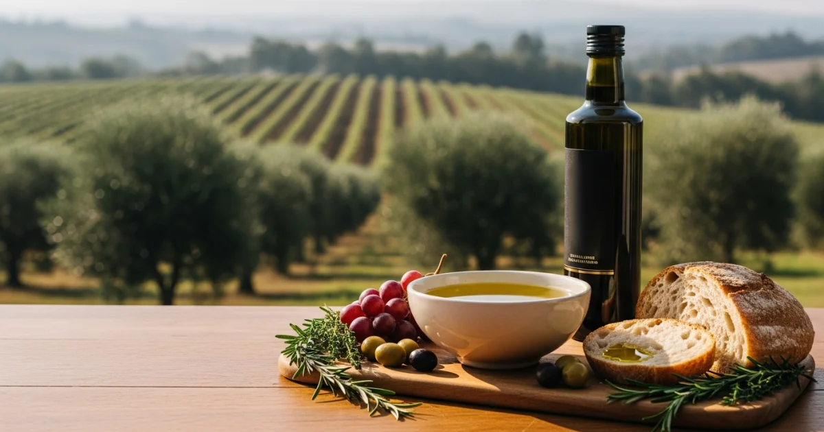 Mesa posta com azeite extravirgem premium, pães artesanais e ingredientes frescos em um cenário de vinhedos na Serra da Mantiqueira.