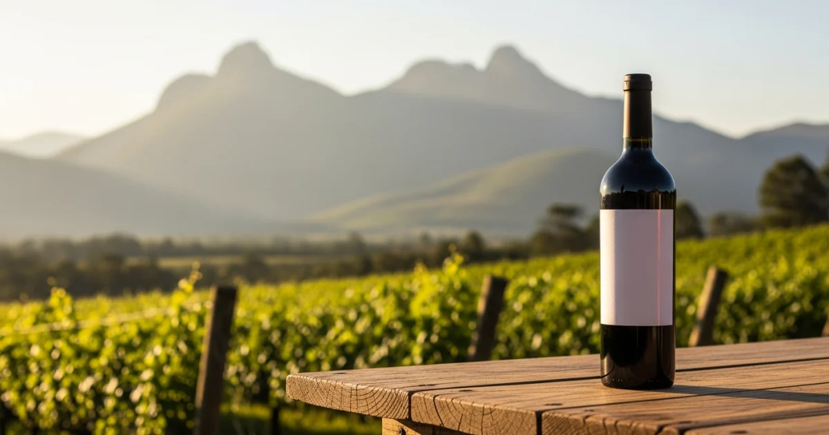 Garrafa de vinho sobre mesa de madeira em vinhedo na Serra da Mantiqueira durante o pôr do sol.