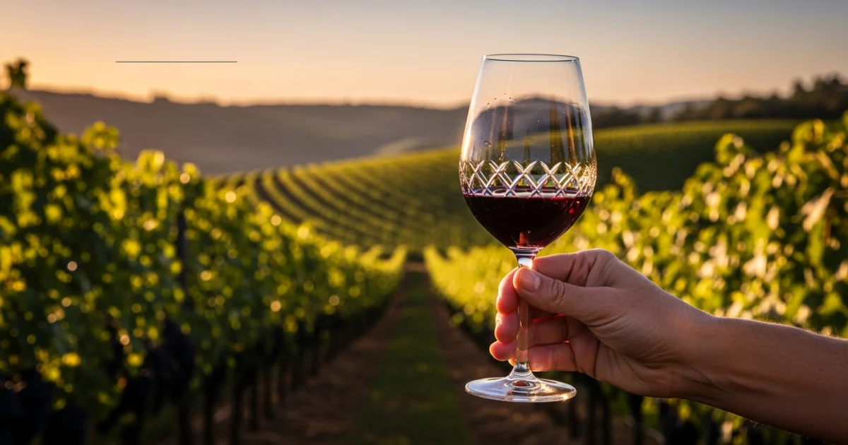 Taça de vinho tinto sendo segurada com a paisagem dos vinhedos da Serra da Mantiqueira ao fundo durante o pôr do sol.