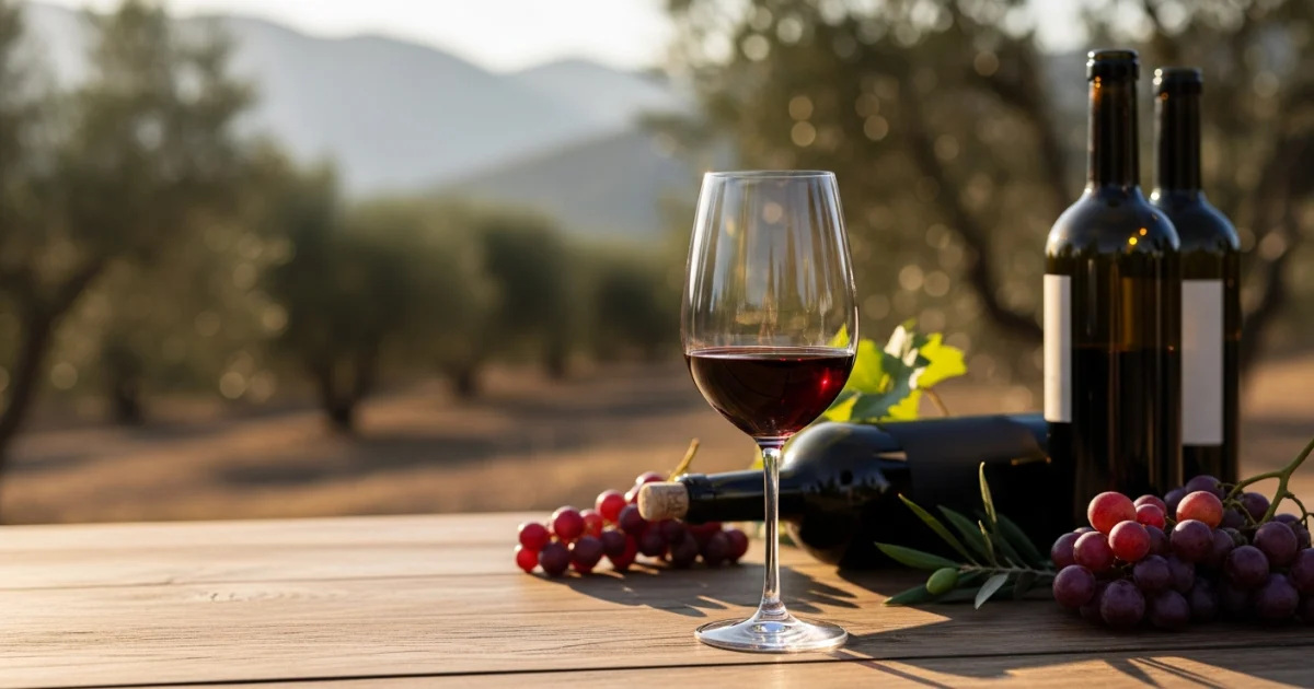 Taça de vinho tinto sobre mesa de madeira em vinhedo na Serra da Mantiqueira ao pôr do sol.