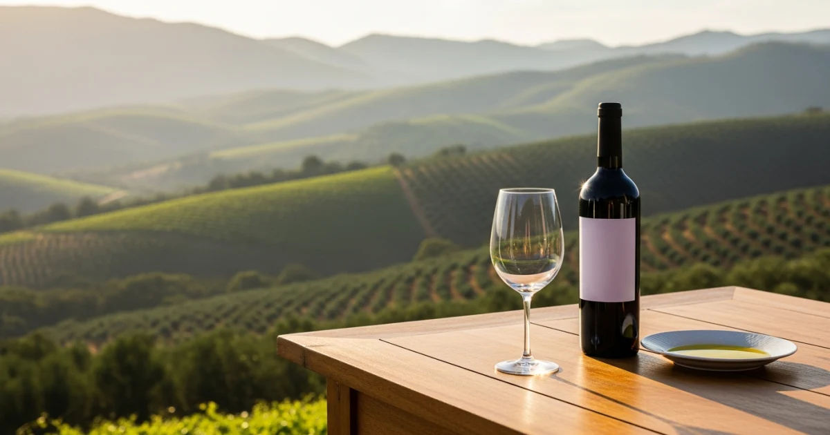 Mesa posta com vinhos e azeites da Vinícola Essenza com a paisagem das montanhas da Serra da Mantiqueira ao fundo.