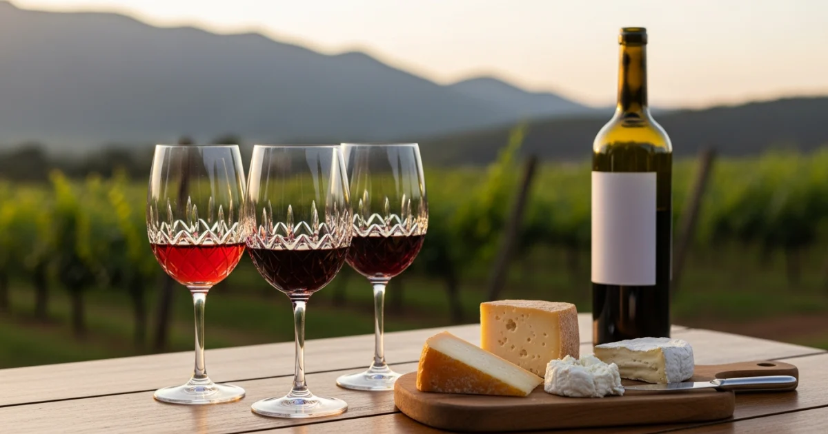 Mesa posta em um vinhedo na Serra da Mantiqueira com três taças de vinho e queijos, pronta para uma degustação comparativa.