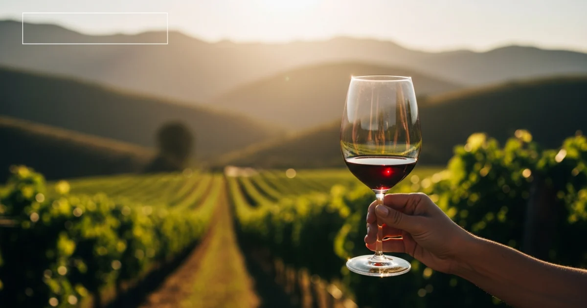 Mão segurando uma taça de vinho tinto em um vinhedo na Serra da Mantiqueira durante o pôr do sol.