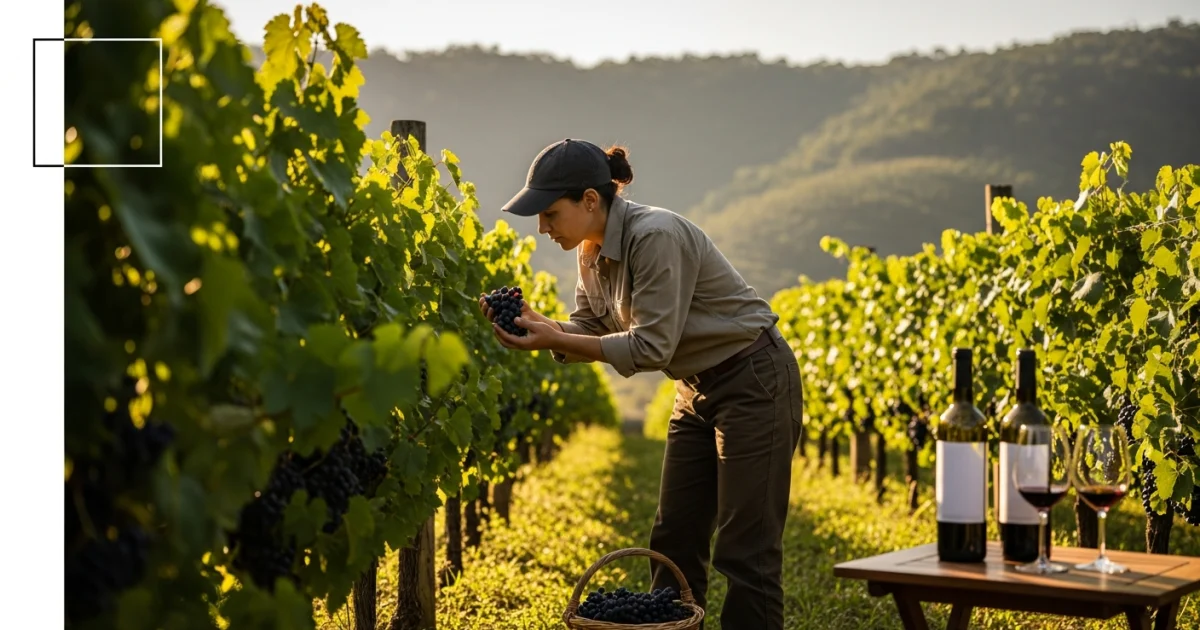 Viticultor inspecionando uvas maduras em um vinhedo na Serra da Mantiqueira durante a colheita.