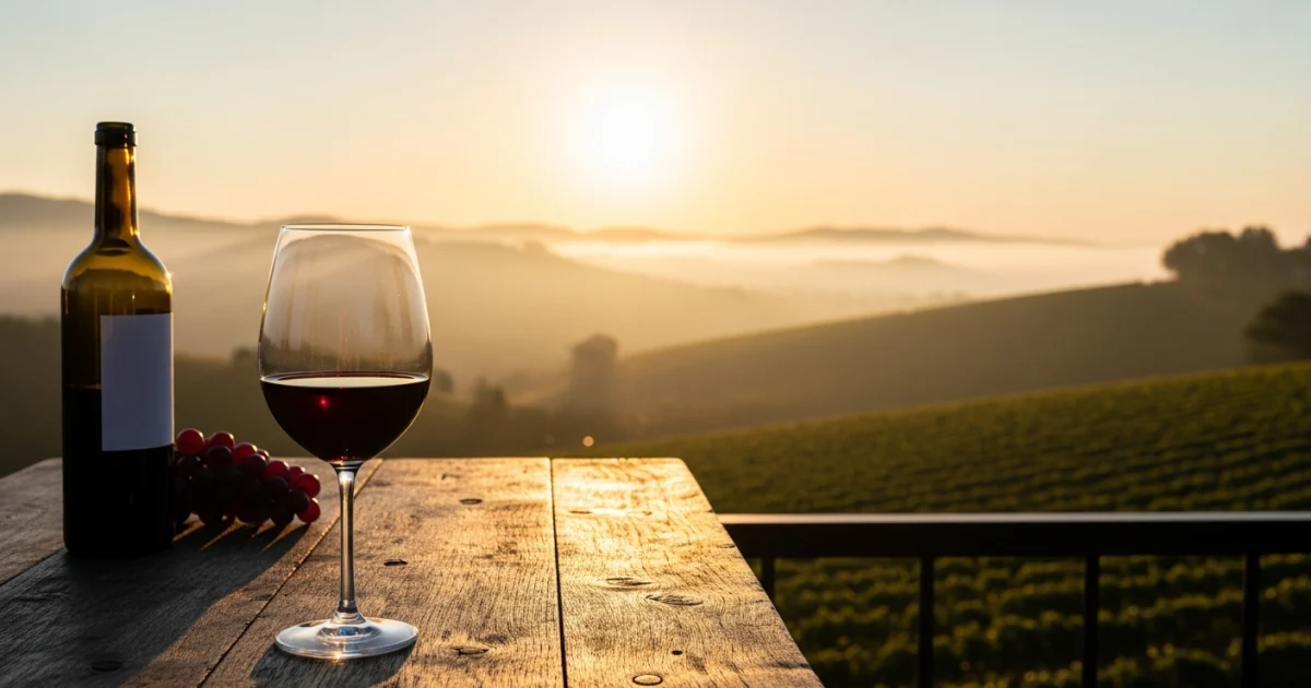 Taça de vinho tinto sobre mesa de madeira com vinhedos da Serra da Mantiqueira ao fundo durante o pôr do sol.