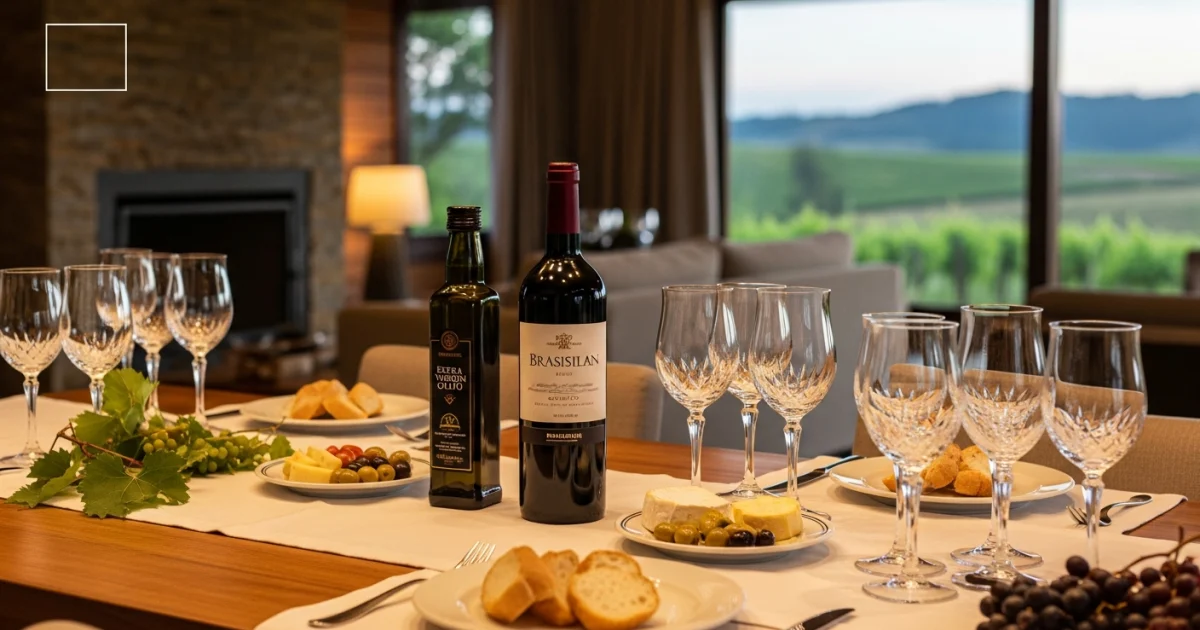 Mesa posta elegante com vinhos e azeites da Serra da Mantiqueira preparada para uma experiência gastronômica em casa.