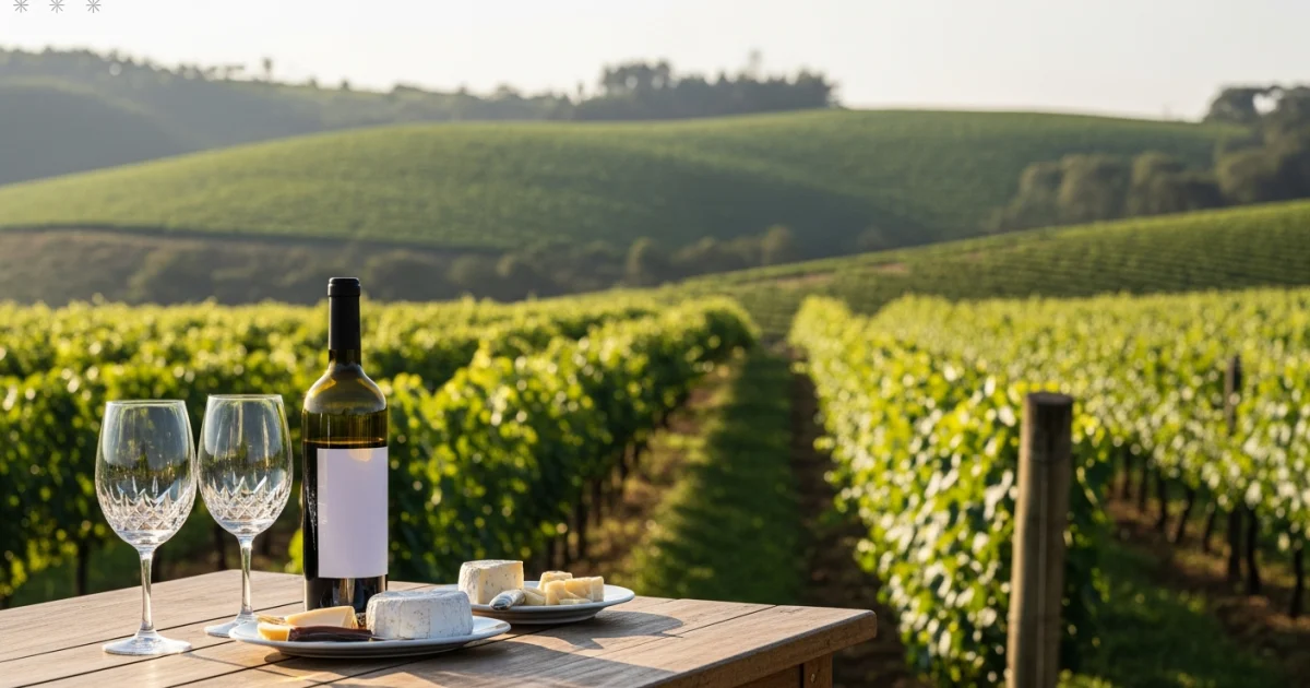 Taças de vinho e uma garrafa em uma mesa de madeira com vinhedos ao fundo na Serra da Mantiqueira.