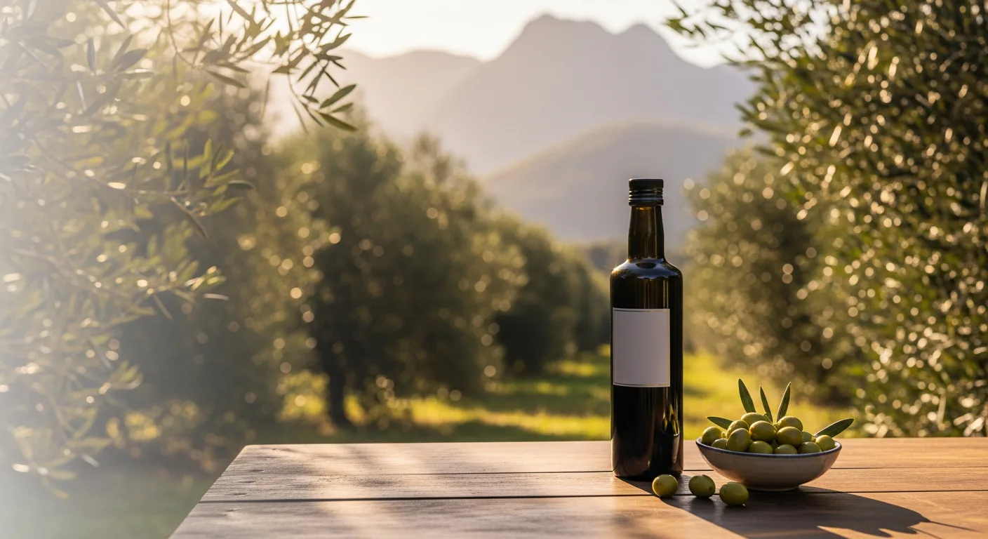 Oliveiras em um pomar na Serra da Mantiqueira com uma garrafa de azeite e azeitonas frescas sobre uma mesa de madeira ao pôr do sol.