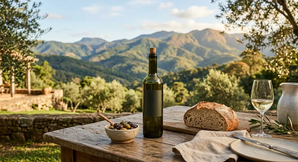 Mesa posta sofisticada com azeite extravirgem da Serra da Mantiqueira, pães artesanais e paisagem de montanhas ao fundo.