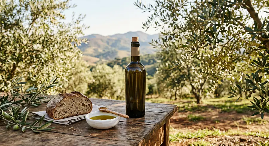 Mesa de degustação de azeite extravirgem em um olival na Serra da Mantiqueira com luz natural.