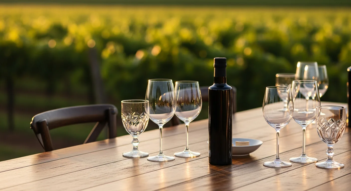 Mesa de degustação com vinhos e azeites da Vinícola Essenza com vista para os vinhedos da Serra da Mantiqueira ao pôr do sol.