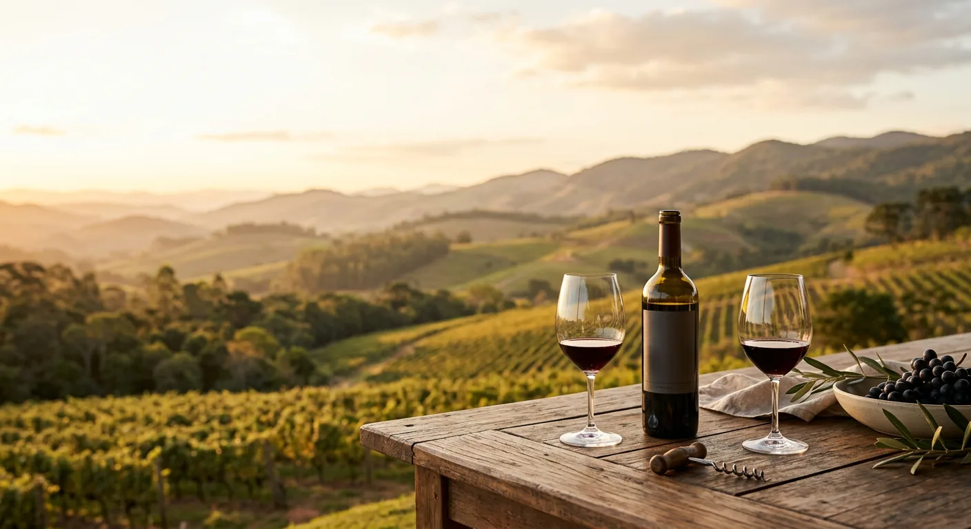 Mesa posta para degustação de vinhos ao ar livre com vista para os vinhedos da Serra da Mantiqueira na Vinícola Essenza.