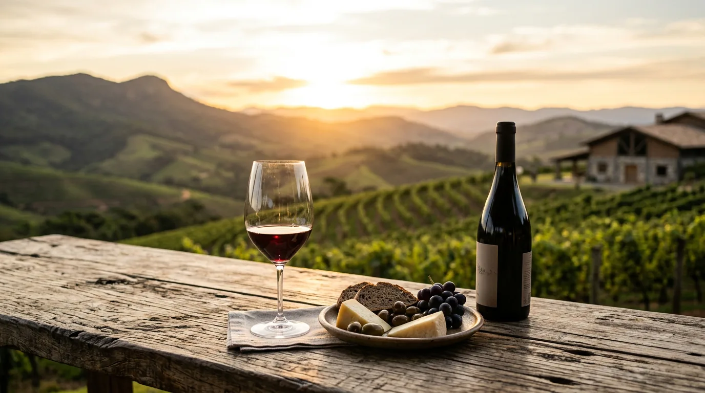 Mesa posta com taça de vinho e prato gourmet durante o pôr do sol nos vinhedos da Vinícola Essenza na Serra da Mantiqueira.