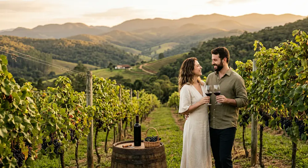Casal apreciando a vista dos vinhedos da Serra da Mantiqueira durante a visita à Vinícola Essenza.