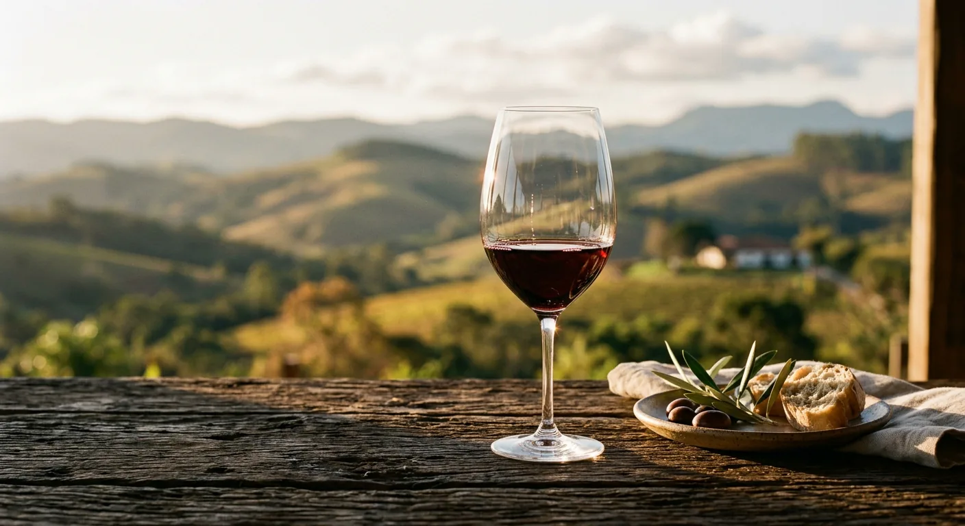 Taça de vinho em uma mesa de madeira com a paisagem das montanhas da Serra da Mantiqueira ao fundo durante o pôr do sol.
