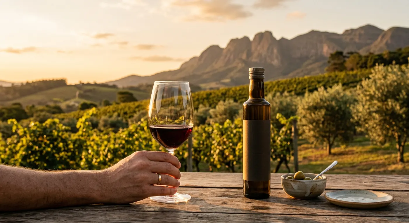 Taça de vinho tinto sendo segurada em um vinhedo na Serra da Mantiqueira durante o pôr do sol.