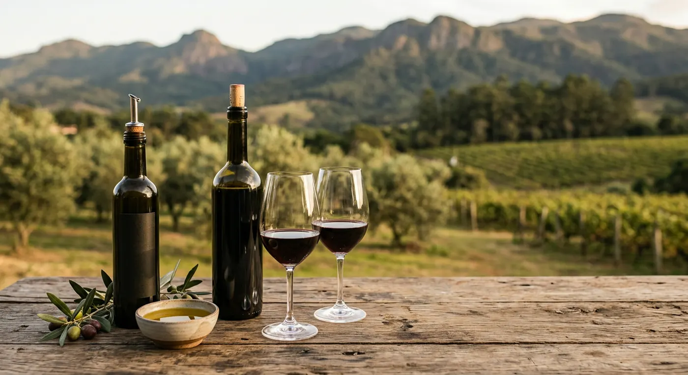 Mesa posta com vinho e azeite artesanal em cenário com vista para os vinhedos da Serra da Mantiqueira.