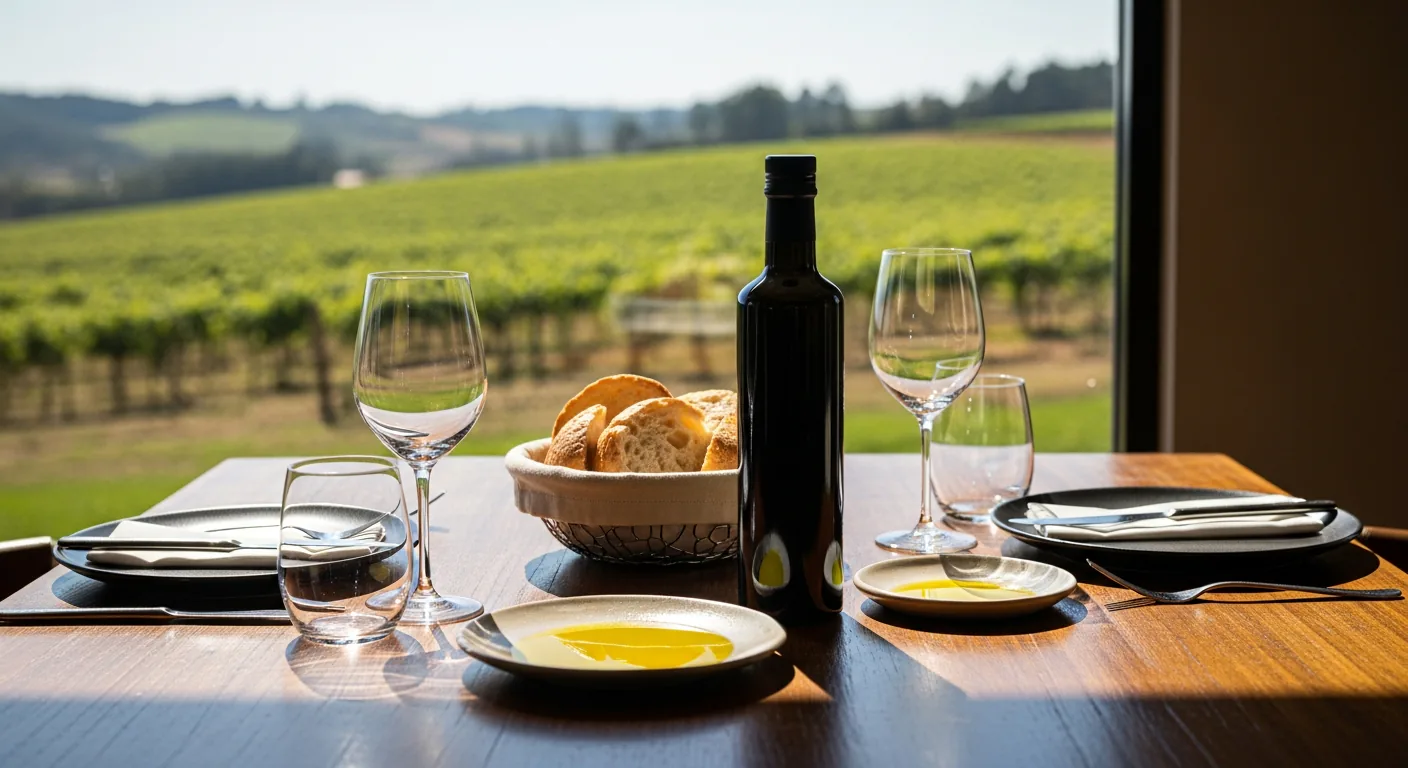 Mesa posta sofisticada com vinho e azeite premium em um cenário de vinhedos na Serra da Mantiqueira.