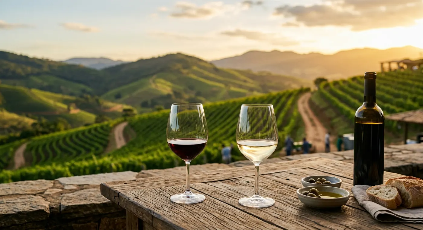 Duas taças de vinho sobre uma mesa de madeira com a paisagem dos vinhedos da Serra da Mantiqueira ao fundo durante o pôr do sol.