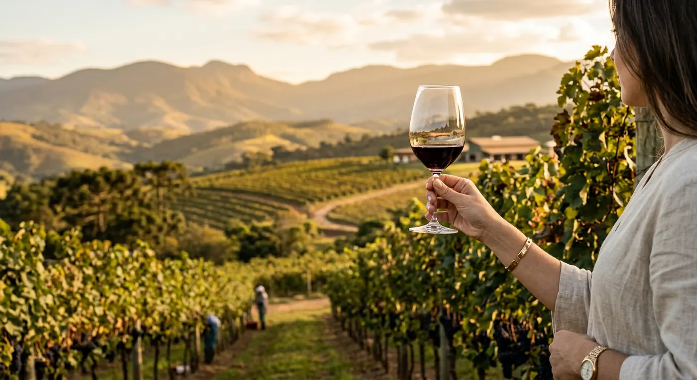 Taça de vinho tinto sendo segurada em um vinhedo da Serra da Mantiqueira durante o pôr do sol.